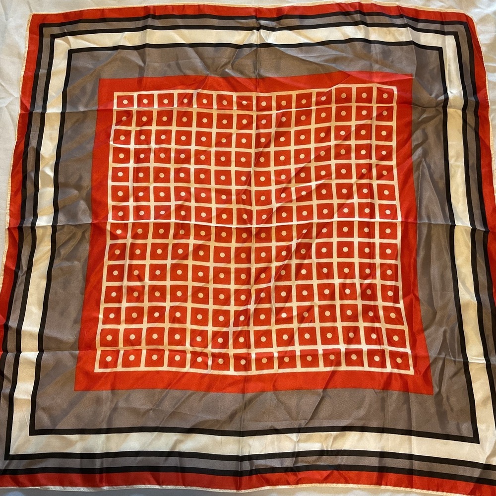 Red Whit Gray Scarf 100% acetate 22.5" x 22.5" Square Vintage VTG Art Deco Italy